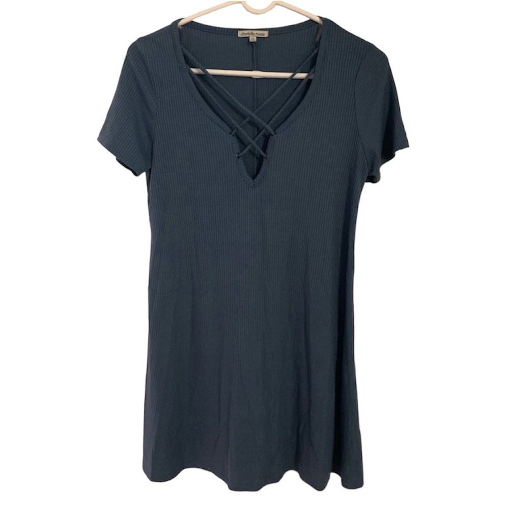 Ribbed Criss Cross Lace Up Dress in Blue